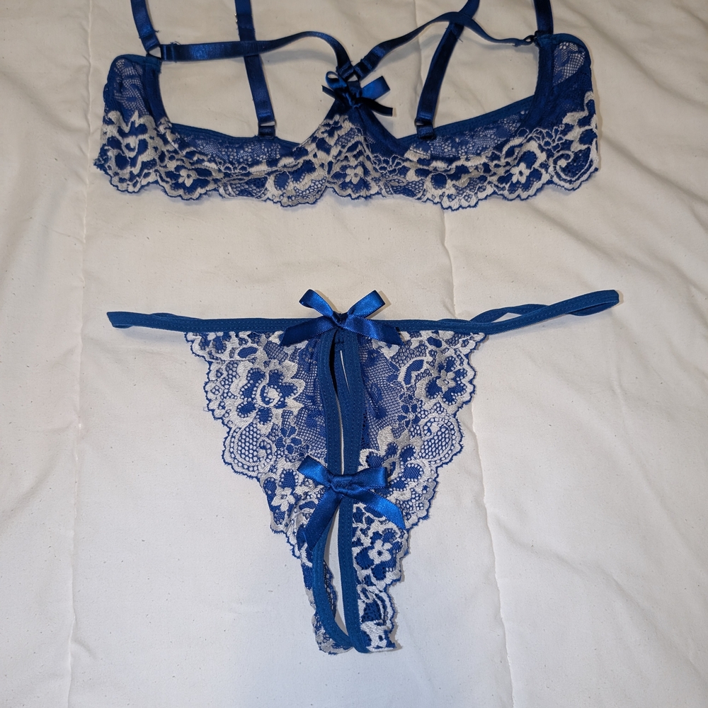Naughty Blue Lace Lingerie Set- Cupless And Crotchless, Small